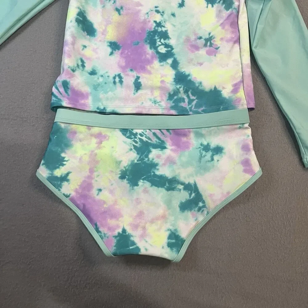 Justice Girls Tie Dye Green Purple Rashguard 2PC Swimsuit Youth Size L 12/14